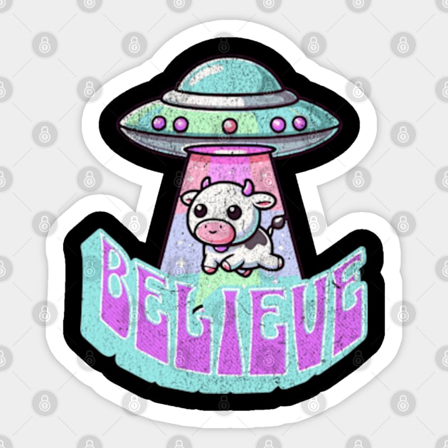 Believe UFO Cow Abduction Kawaii Alien Extraterrestrial Sticker by Lavender Celeste